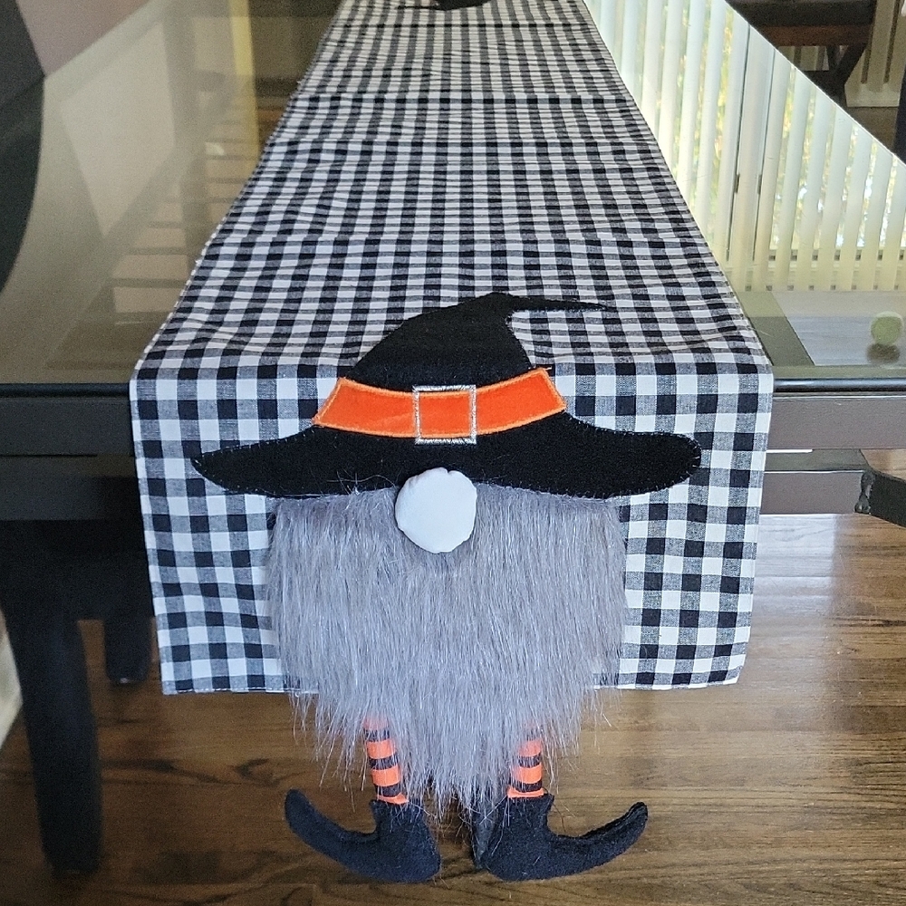 Halloween 100% Cotton Table Runner Checker White Witch Gnome Faux Fur Beard Long